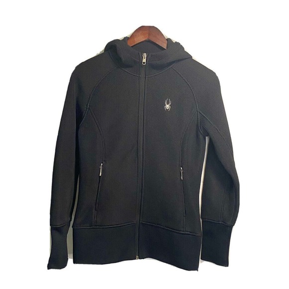 Spyder Womens Waffle Knit Full Zip Lined Sport Jacket Hooded Black Size Medium - Picture 1 of 4